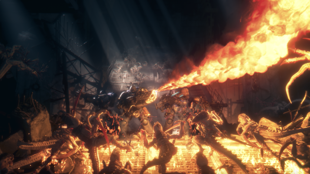 Space Marine defending against a group of tyranids